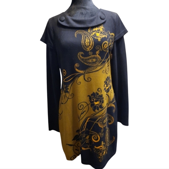 Dress M/L Paisley L/S Black And Yellow Gold RN#82312 - Picture 1 of 12